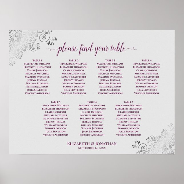 Cassis Purple & Grey 7 Table Wedding Seating Chart (Front)