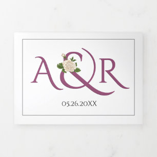 Cassis purple initials and ampersand, rose wedding Tri-Fold invitation