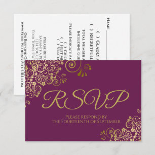 Cassis Purple Magenta Elegant Gold Curls Wedding RSVP Card