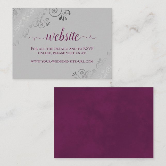 Cassis Purple on Grey Silver Lace Wedding Website Enclosure Card (Front/Back)