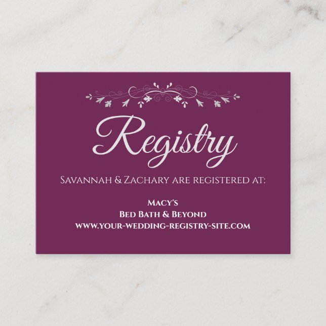 Cassis Purple & Silver Elegant Wedding Registry Enclosure Card (Front)