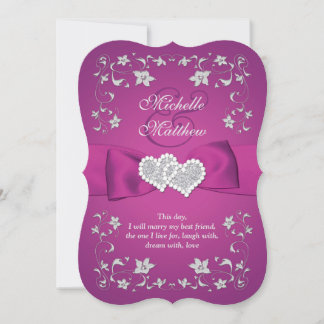 Cassis Purple, Silver, Floral, Hearts Wedding Invitation