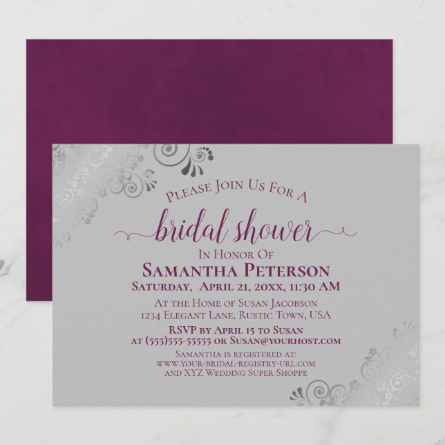 Cassis Purple & Silver Lace Grey Bridal Shower Invitation (Front/Back)