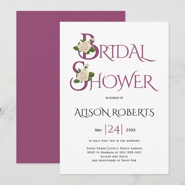Cassis purple typography and rose bridal shower invitation (Front/Back)