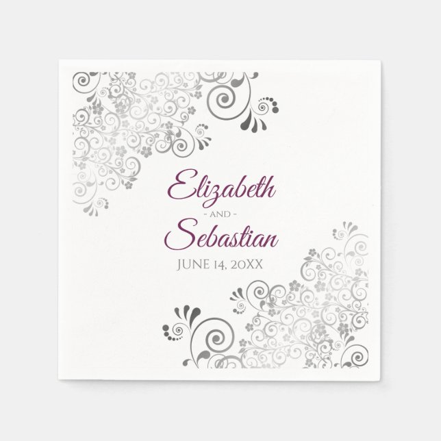 Cassis Purple with Silver Frills Elegant Wedding Napkin (Front)