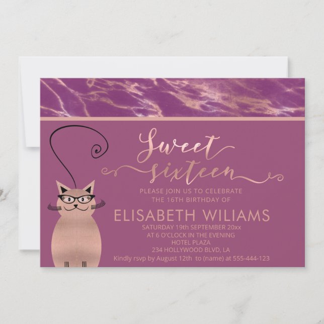 Cassis rose gold marble calligraphy funny cat invitation (Front)