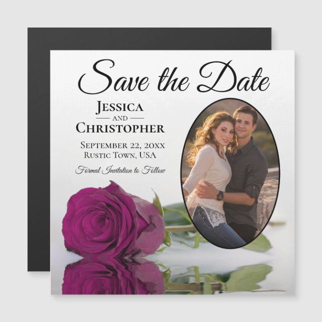 Cassis Rose on White Wedding Save The Date Photo Magnetic Invitation (Front/Back)