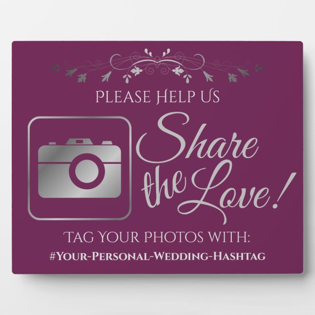Cassis & Silver Wedding Photo Share Hashtag Sign Plaque (Front)