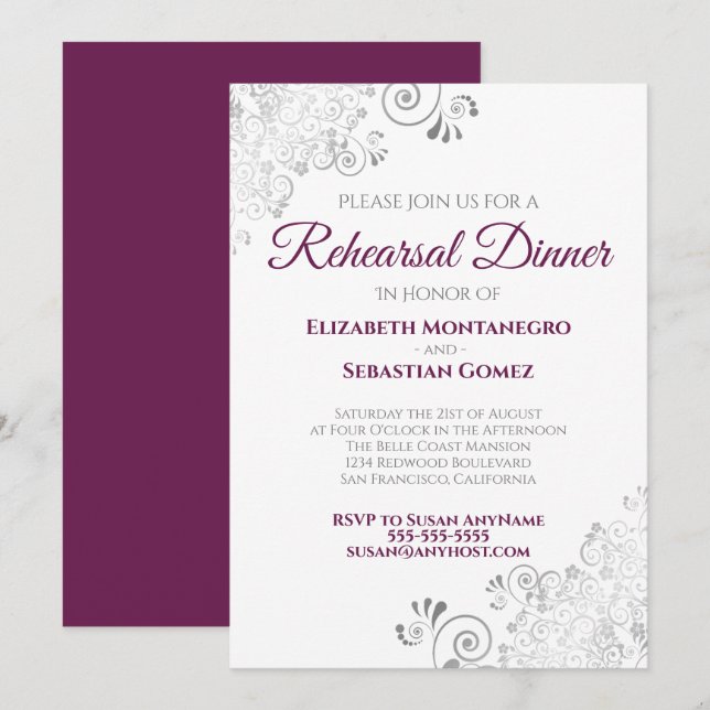 Cassis w/ Grey Curls Wedding Rehearsal Dinner Invitation (Front/Back)
