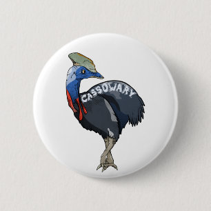 cassowary coloured woth text 6 cm round badge