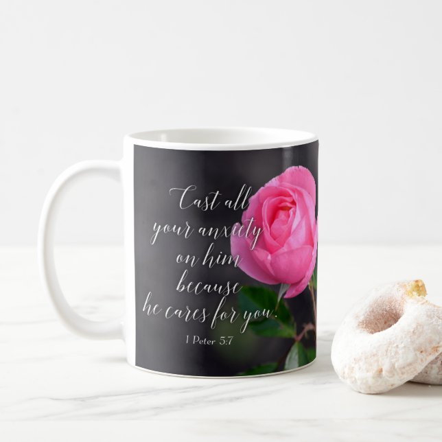 Cast all your Anxiety Christian Bible Verse Prayer Coffee Mug (With Donut)