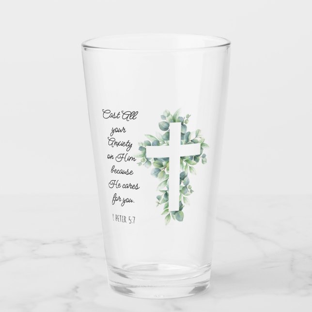 Cast All your Anxiety on Him Eucalyptus Cross Glass (Front)