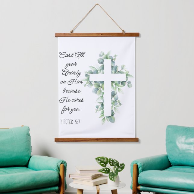 Cast All your Anxiety on Him Eucalyptus Cross Hanging Tapestry (Living Room)