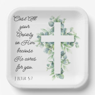 Cast All your Anxiety on Him Eucalyptus Cross Paper Plate