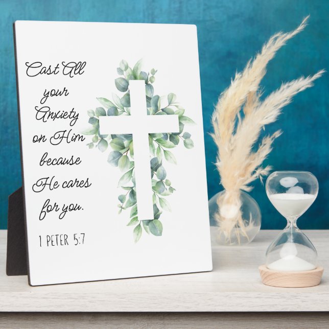 Cast All your Anxiety on Him Eucalyptus Cross Plaque (Side)