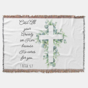 Cast All your Anxiety on Him Eucalyptus Cross Throw Blanket