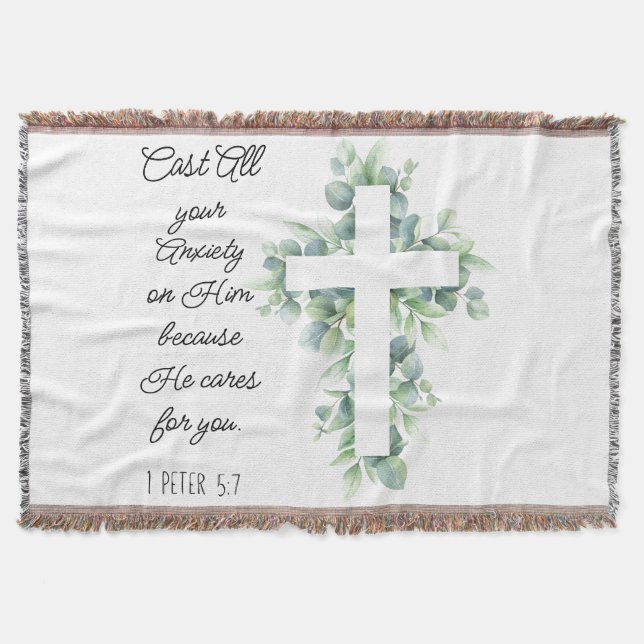 Cast All your Anxiety on Him Eucalyptus Cross Throw Blanket (Front)