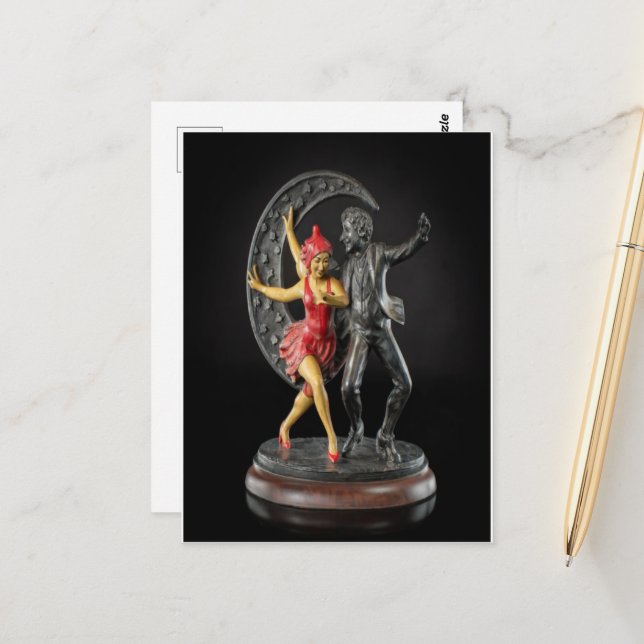 Cast Iron Sculpture of a Jester and 1920s Flapper  Postcard (Front/Back In Situ)