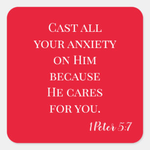 Cast Your Anxiety Scripture Red White Square Sticker