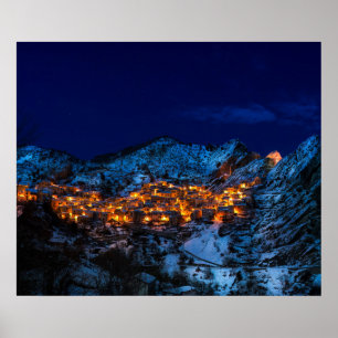 Castelmezzano, Italy - Snowy Winter Night Poster