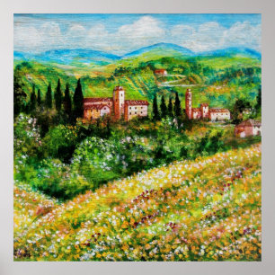 CASTELS IN CHIANTI LANDSCAPE ,YELLOW FLOWER FIELDS POSTER