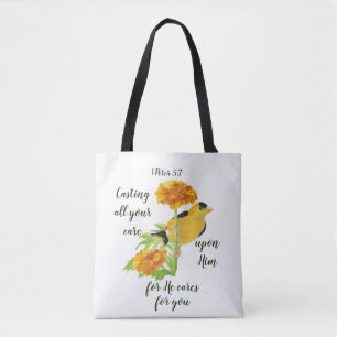 Casting all your care upon Him 1 Peter 5:7 Quote K Tote Bag