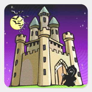 Castle Bats and Grim Reaper at Castle Door Square Sticker