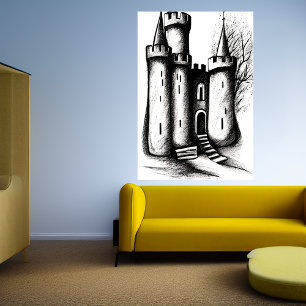 Castle black and white sketch   AI Art Poster