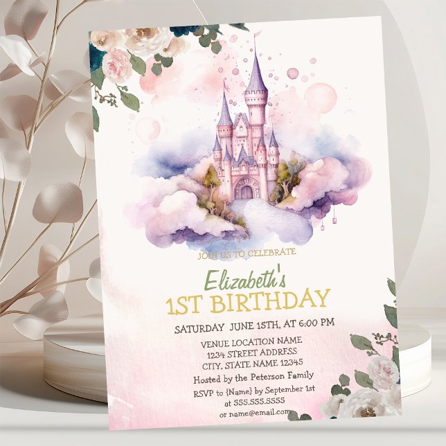 Castle Clouds Flowers Polka Dots Birthday   Invitation (Creator Uploaded)