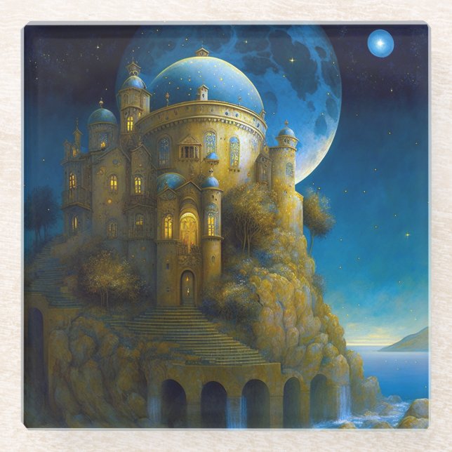 Castle Fantasy Moon Landscape Glass Coaster (Front)