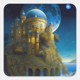 Castle Fantasy Moon Landscape Square Sticker