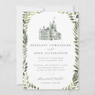 Castle Illustration Greenery Border Wedding Invitation