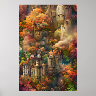 Castle In Forest, Fantasy Jungle, Fall Autumn  Poster