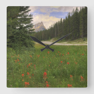 Castle Mountain and Wildflowers Square Wall Clock