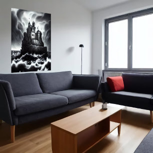 Castle on rock in stormy sea AI Art Poster