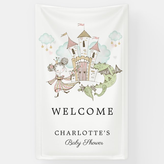 Castle Princess Dragon Baby Shower Welcome Banner (Vertical)