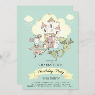 Castle Princess Dragon Girl's Blue Birthday Invitation