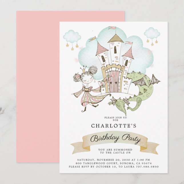 Castle Princess Dragon Girl's Pink Birthday  Invitation (Front/Back)