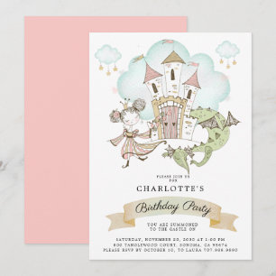 Castle Princess Dragon Girl's Pink Birthday  Invitation