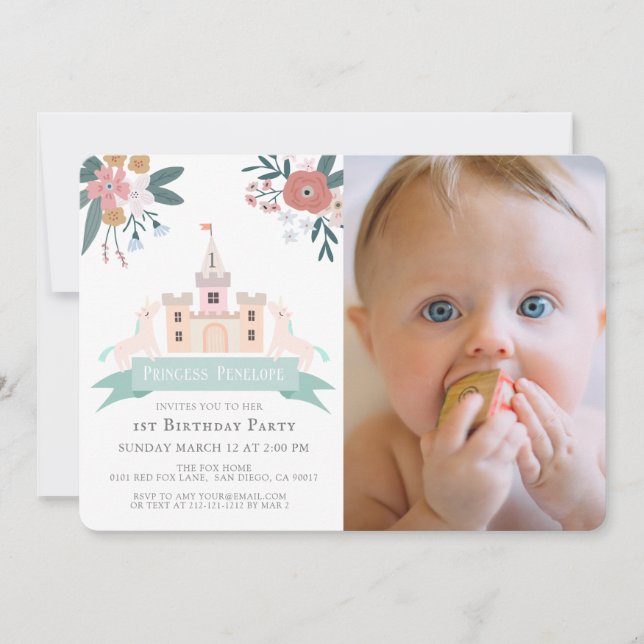 Castle Princess Unicorn Floral 1st Birthday Photo Invitation (Front)