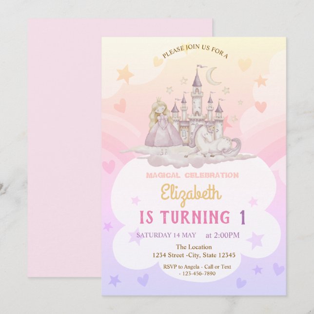 Castle Rainbow Princess Pony Birthday Invitation (Front/Back)