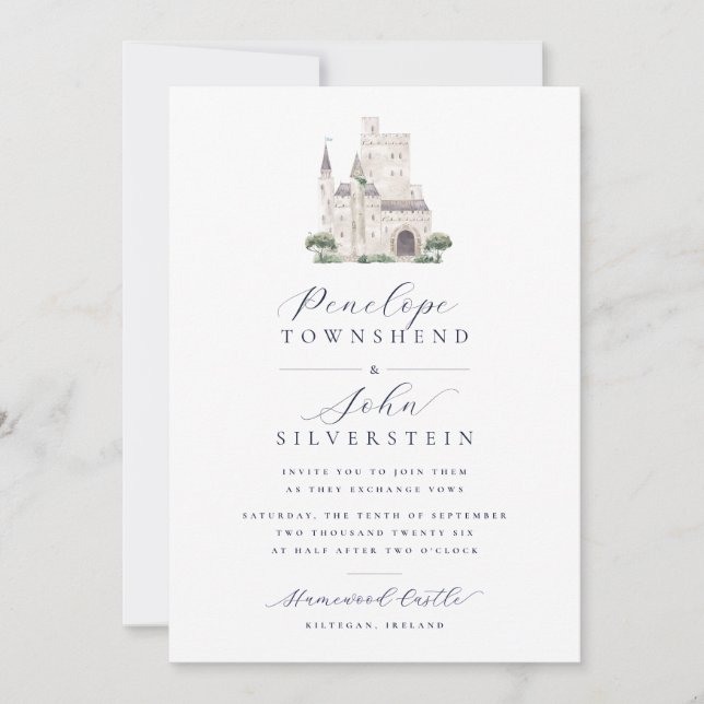 Castle Watercolor Illustration Script Wedding Invitation (Front)