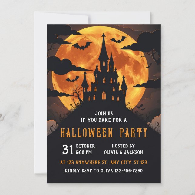Castle With Full Moon, Night, Bat, Halloween Invitation (Front)
