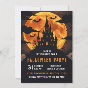 Castle With Full Moon, Night, Bat, Halloween Invitation