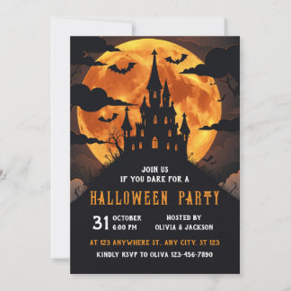 Castle With Full Moon, Night, Bat, Halloween Invitation