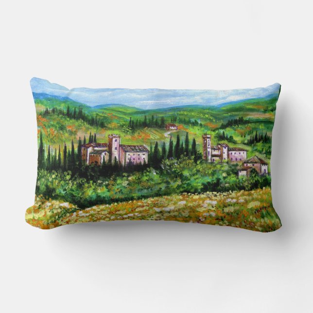 CASTLES IN CHIANTI LANDSCAPE ,YELLOW FLOWER FIELDS LUMBAR CUSHION (Front)