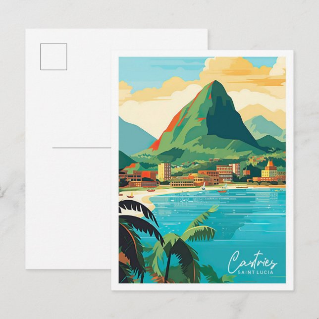 Castries Saint Lucia Vintage Travel Illustration Postcard (Front/Back)