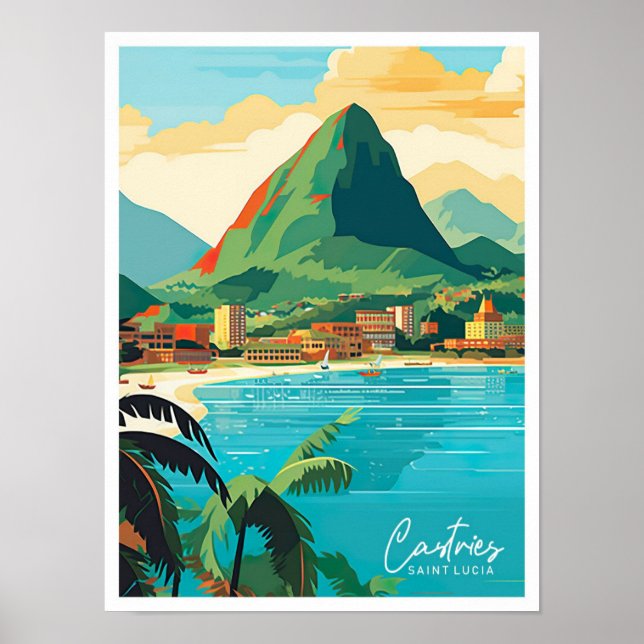 Castries Saint Lucia Vintage Travel Illustration Poster (Front)