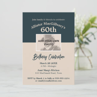 Casual 60th Birthday Invitation with Photo - Blue