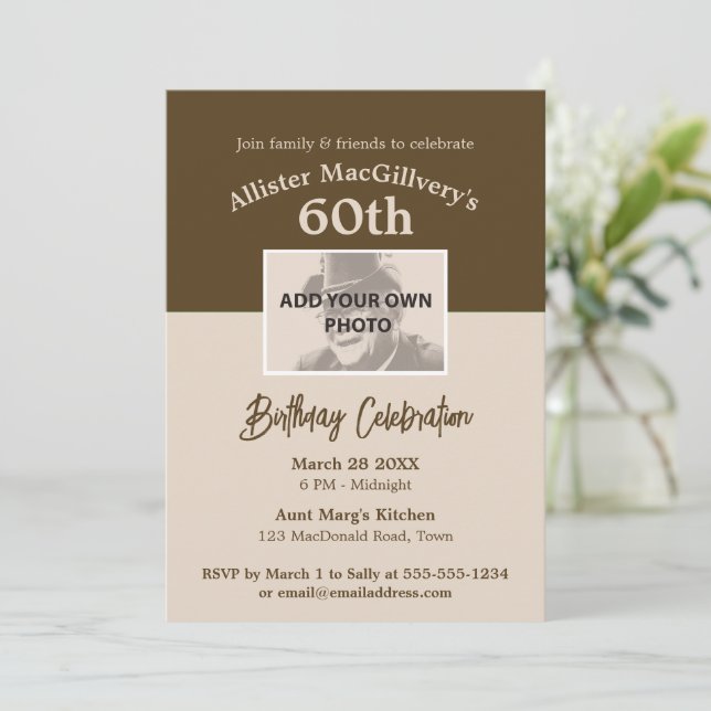 Casual 60th Birthday Invitation with Photo - Brown (Standing Front)